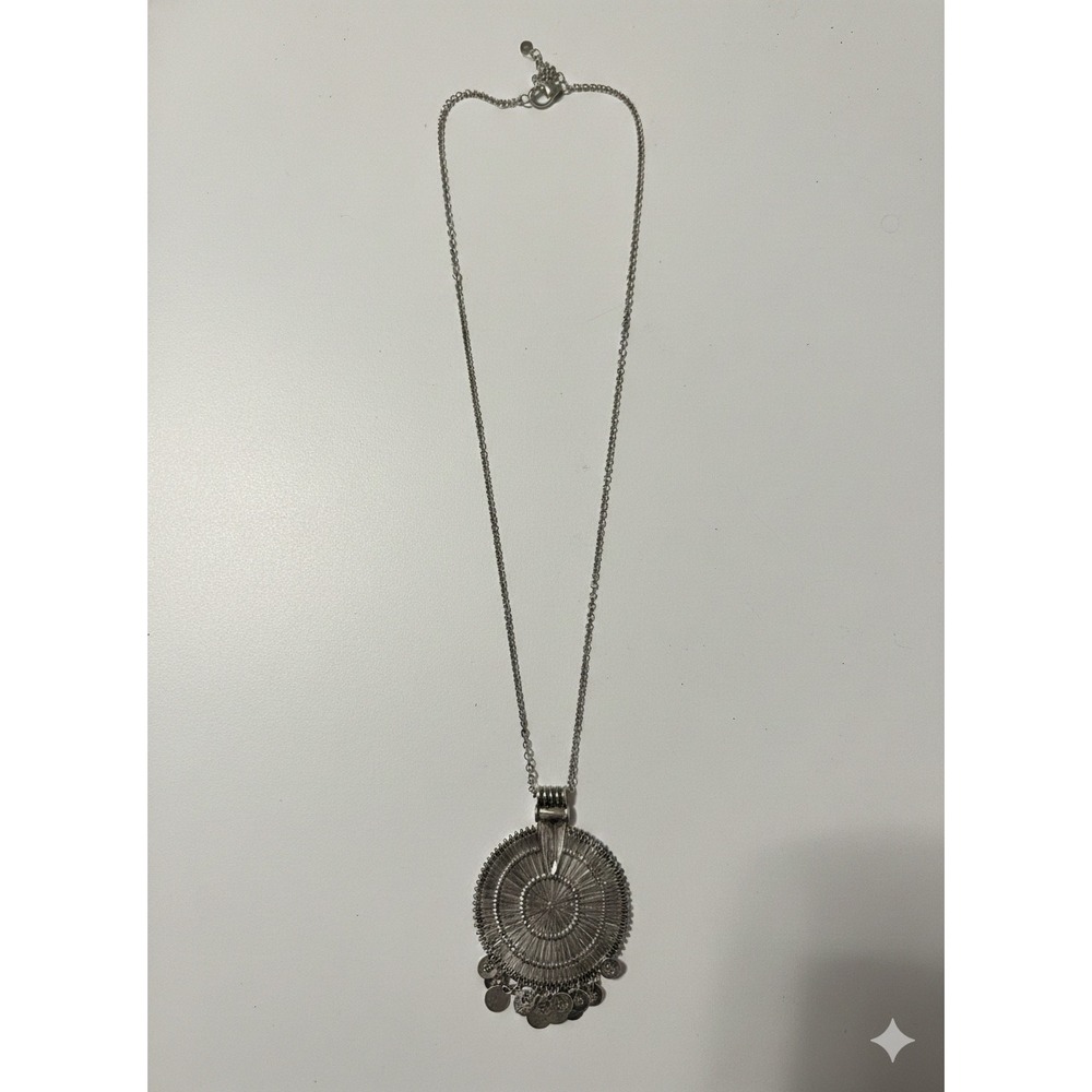 Mandela Medallion Boho Silver Tone Round Necklace Dangle Coins Eccentric Tribal